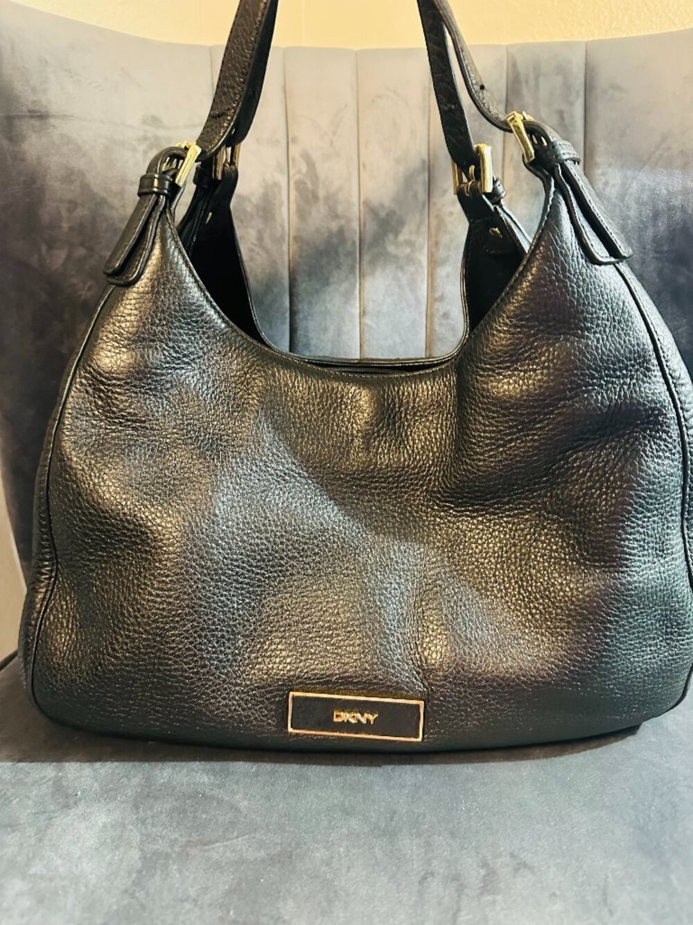 DKNY Black Pebbled Soft Leather Triple Compartment Hobo Bag